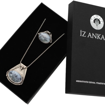 Beyaz-Gri Ağaç Desenli Oval Agat Taşlı Kolye ve Yüzük Seti