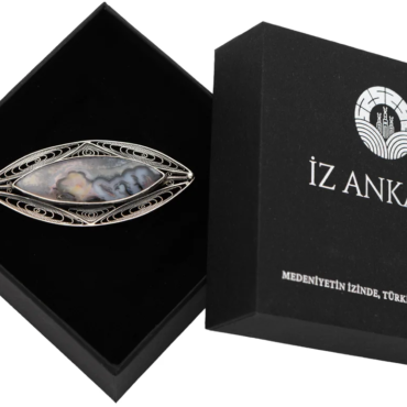 Gri-Krem Uzun Oval Şekilli Agat Taşı Telkari Broş