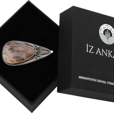 Kahverengi-Bej Damla Şeklinde Agat Taşlı Telkari Broş