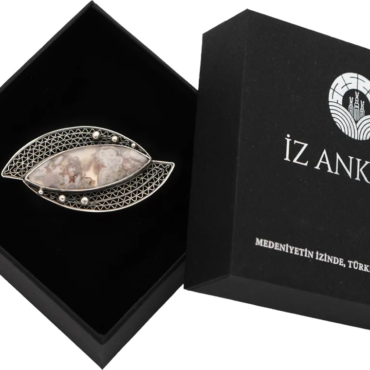 Kahverengi-Bej Göz Formlu Agat Taşı Telkari Broş