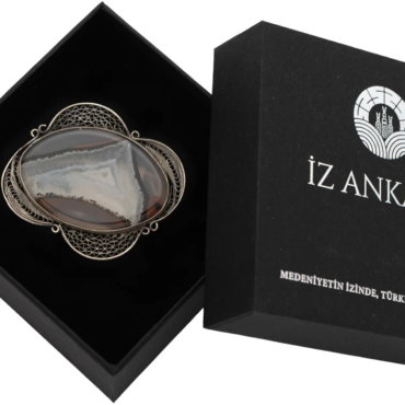 Kahverengi-Bej Oval Şekilli Çubuk Agat Taşlı Telkari Broş