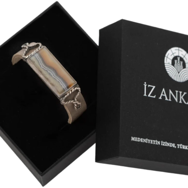 Kahverengi-Gri Dikdörtgen Agat Taşlı Deri Bileklik