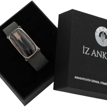 Kahverengi-Gri Dikdörtgen Agat Taşlı Deri Bileklik