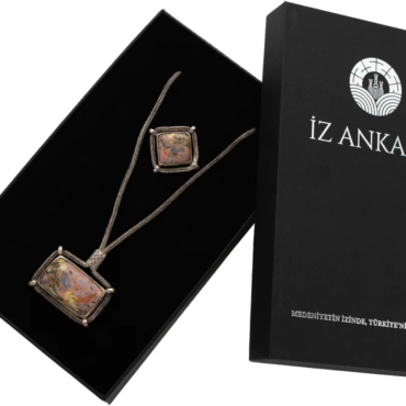Kahverengi-Gri Dikdörtgen Agat Taşlı Kolye ve Yüzük Seti