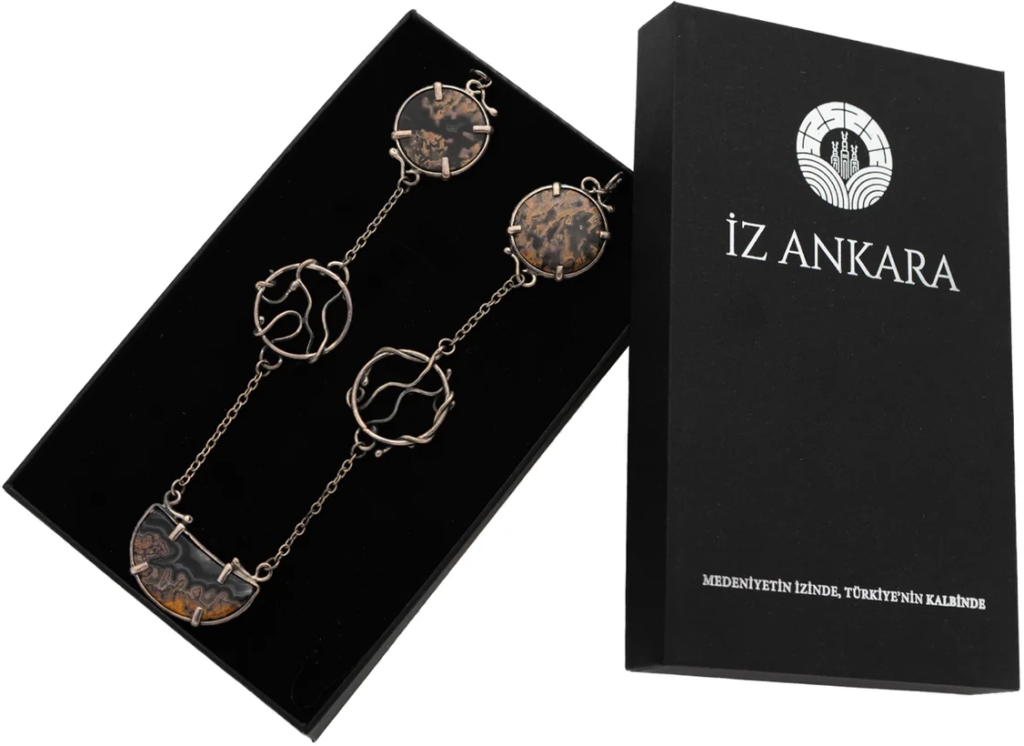 Kahverengi-Gri Hilal ve Yuvarlak Agat Taşlı Gümüş Kolye