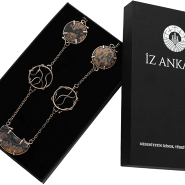 Kahverengi-Gri Hilal ve Yuvarlak Agat Taşlı Gümüş Kolye