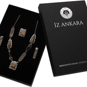 Kahverengi-Gri Karışık Formlu Agat Kolye, Yüzük ve Küpe Seti