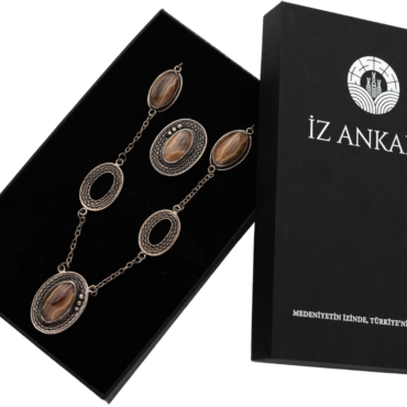 Kahverengi-Gri Oval Agat Gümüş Kolye ve Yüzük Seti