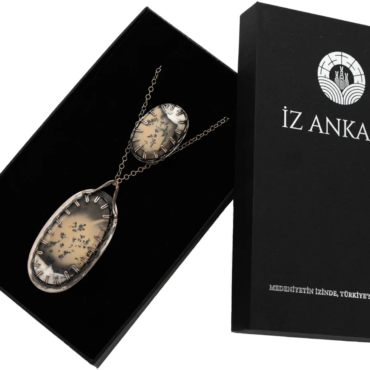 Kahverengi ve Beyaz Ağaç Desenli Oval Agat Kolye ve Yüzük Seti