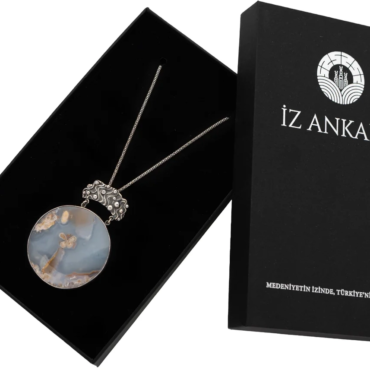 Mavi-Gri Desenli Şeffaf Yuvarlak Agat Gümüş Kolye