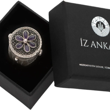 Mor Çiçek Desenli Agat Telkari Gümüş Yüzük