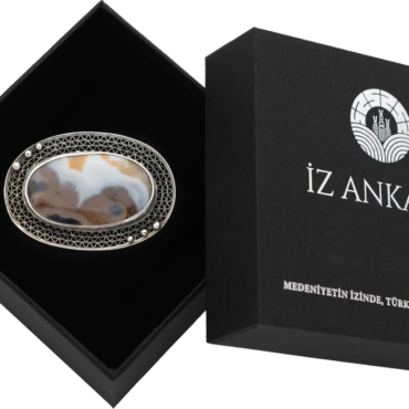 Sarı-Beyaz Oval Agat Taşlı Gümüş Broş